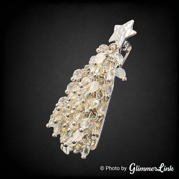 Vintage White & AB Beaded Cha Cha Style Christmas Tree Silver Tone Brooch Pin - Picture 4 of 7